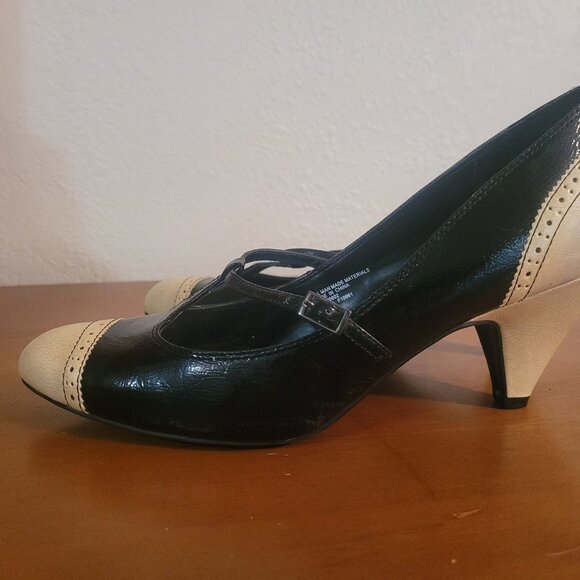 Isaac Mizrahi Amelia Retro T-Strap Heels Black Cream Size 11 - Picture 1 of 8